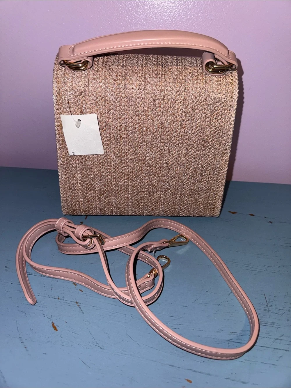Versona Woven Crossbody Bag with Blush Pink Trim